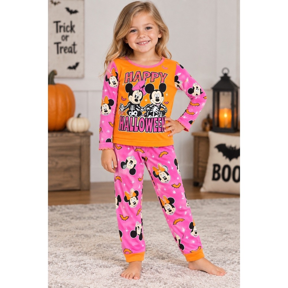 Disney Mickey Minnie Mouse Halloween Skeleton Pajama Set Pink Orange Toddler 5T